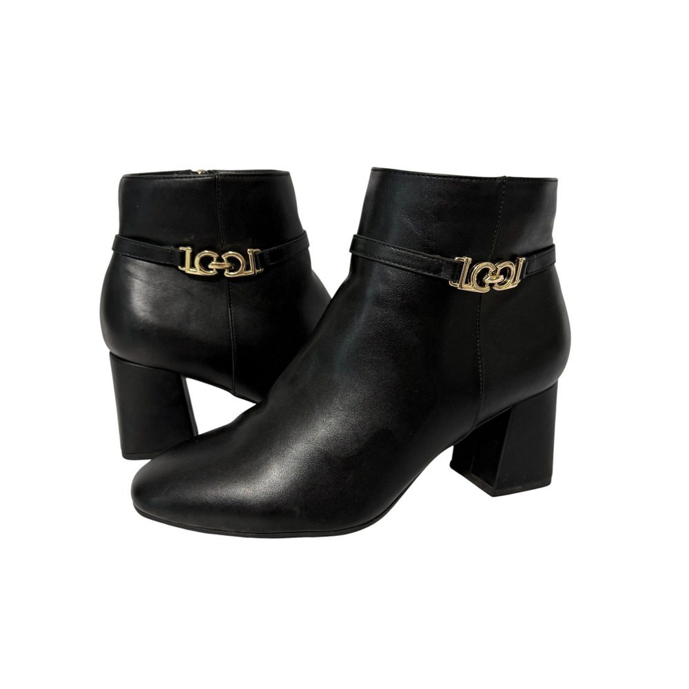 Liz Claiborne Monte Black Faux Leather Gold Hardware Block Heel Ankle Boots 8W